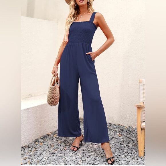 Women's Casual Loose Sleeveless Tank Jumpsuit Square Neck. Navy. Small. (87) - Picture 1 of 7